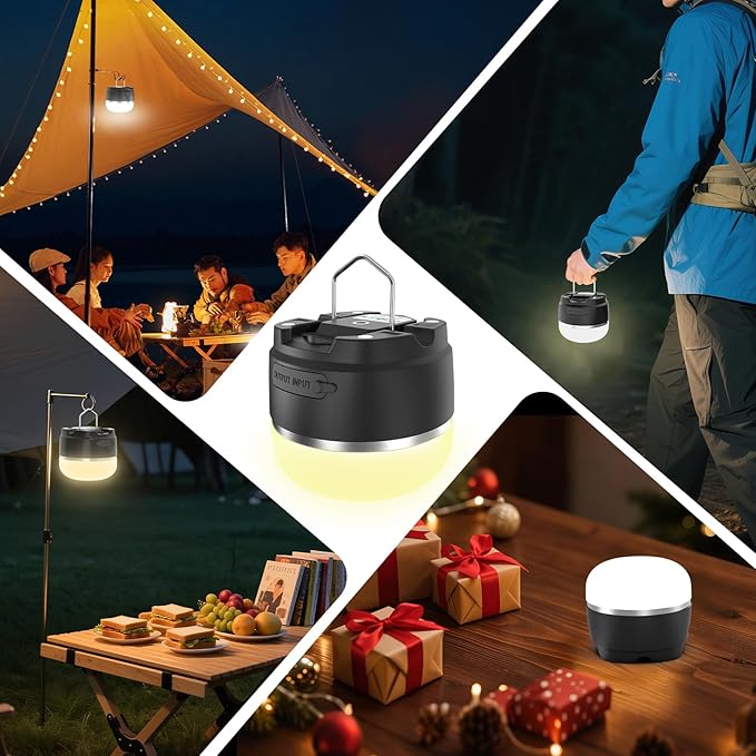LED Camping Lantern Rechargeable 8000mAh, 3 Color Light Camping Tent Light, IP44 Waterproof Magnetic Hanging Light for Camping, Hurricane, Power Outages, Survival Kits, Black Emergency Light