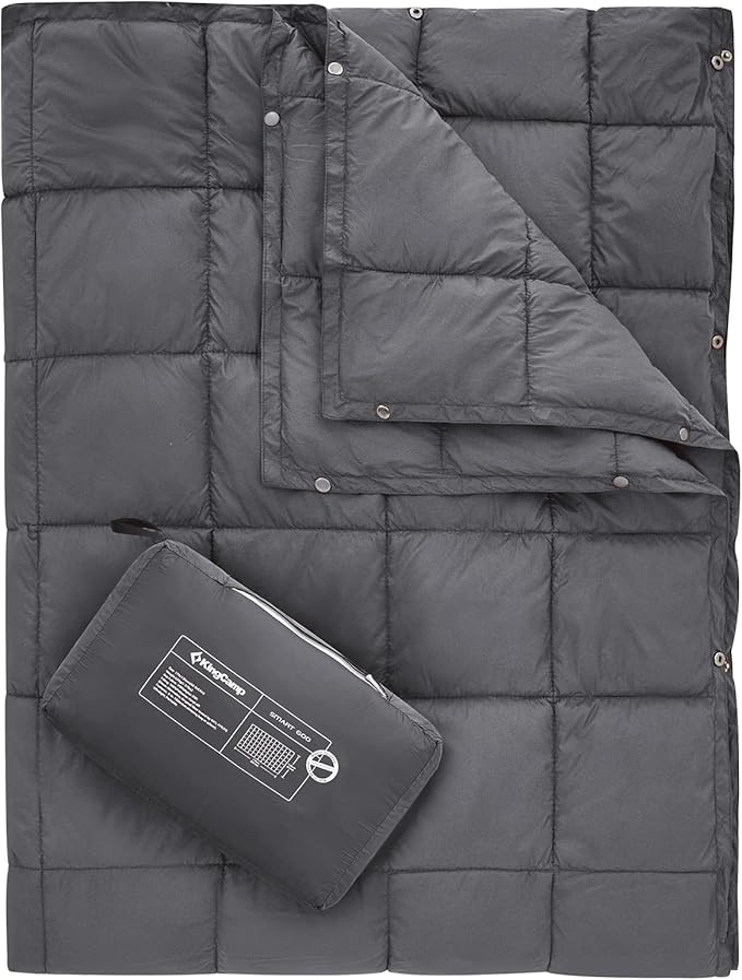 KingCamp Ultralight Camping Blanket, Packable Down Alternative Puffy Wearable Blankets Weatherproof Warm Package Quilt with Snap Buttons for Outdoor Hiking Travel Picnic Stadium (69" x 53", CHARCOAL)