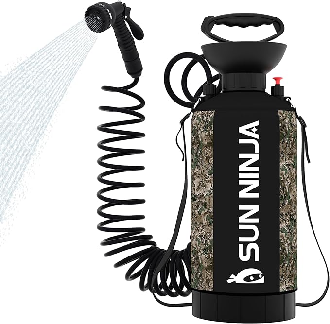 SUN NINJA Portable Shower, Camping Shower with 7 Mode Shower Head, Neoprene Cover Helps Keep Water Warm, High Pressure Hose, Easy to Carry