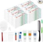 30 Sets Travel Toiletries Kit Bulk, 9-in-1 Disposable Personal Hygiene Kit with Toothbrush,Toothpaste,Floss,Shampoo,Shower Gel,Conditioner,Soap,Comb, and Vanity Kit for Hotel Guest Donations Supplies