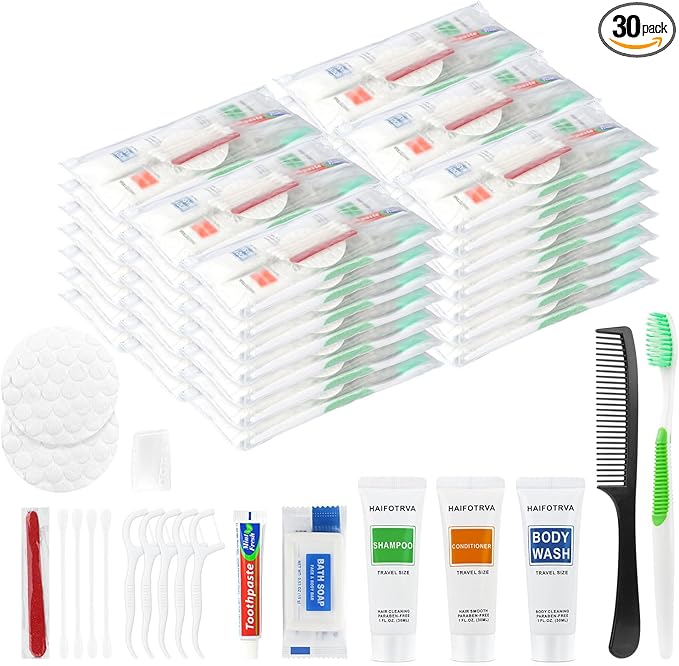 30 Sets Travel Toiletries Kit Bulk, 9-in-1 Disposable Personal Hygiene Kit with Toothbrush,Toothpaste,Floss,Shampoo,Shower Gel,Conditioner,Soap,Comb, and Vanity Kit for Hotel Guest Donations Supplies