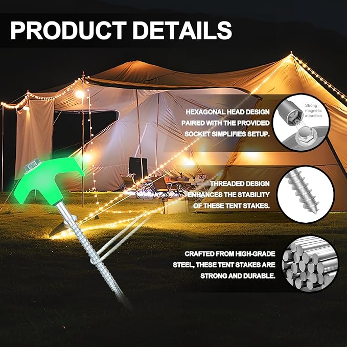 12 Pack Screw in Tent Stakes Heavy Duty,8 Inch Ground Anchors Screw in,Metal Stakes with Hex Head Driver,Camping Tent Accessories.(Luminous White)