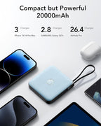 VRURC Portable Charger with Built-in 4 Cables, 20000mAh Battery Pack Charger Portable PD 20W Fast Charging, Power Bank for iPhone 16 15 14 13 12 11 X Samsung Galaxy Series Android Phone,Blue(1Pack)