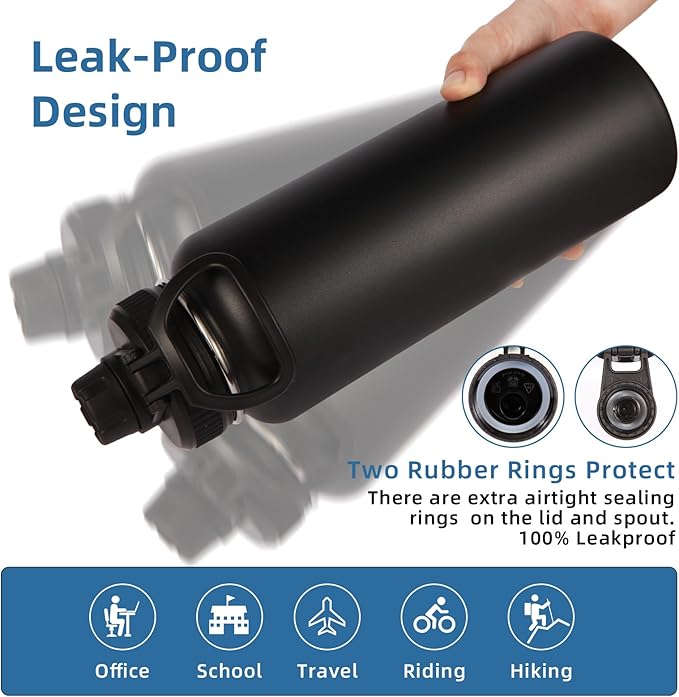 Volhoply Insulated Water Bottles Bulk 2 Pack, 40 oz Stainless Steel Sports Bottle with Paracord Handle & Spout Lid,Metal Travel Water Cups with Wide Mouth,Reusable Big jug for Adults(Black,2 Set)