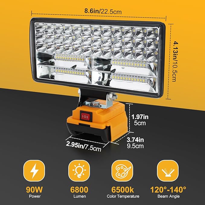 Cordless LED Work Light for Dewalt 20V Battery, 8" Portable LED Flood Light Flashlight, 2 Modes Brightness, 90W 9000LM, Low Voltage Protection, USB & Type-C Ports, for Work Camping Outdoor(No Battery)