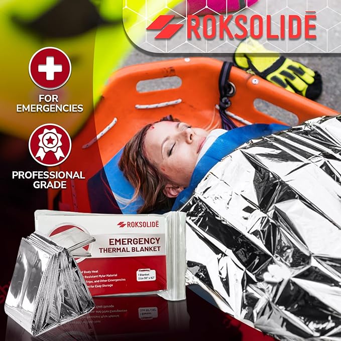 ROKSOLIDE Emergency Blankets | Mylar Thermal Blanket, Essential Survival Gear for Emergency Kits. Ultralight Reflective Foil Blanket for Camping or Cold Weather. Size 55" x 82", Silver, 8-Pack