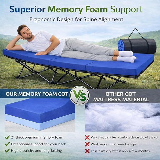 ABORON XXL Camping Cot with 2in Memory Foam Mattress, 900LBS Heavy Duty Sleeping Cot for Adults, Extra Wide Sleeping Cot, 1200D Double Layer Oxford Cot for Camping, Guest, Office Nap