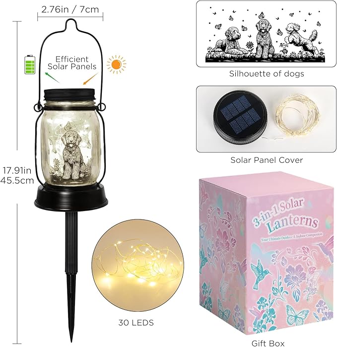 kyoryuger Goldendoodle Gifts for Women/Men Poodle Solar Lanterns Dog Mom Birthday Dog Lovers Lantern Pet Loss Pet Memorial Lights Solar Garden Decoration for Yard, Patio,Backyard,Porch Torches