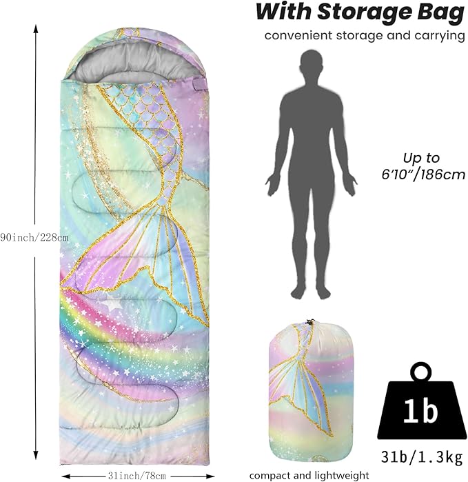 Sleeping Bags for Adults Youth Kids,3D Printing Camping Sleeping Bag for Girls Boys Lightweight Waterproof Cold/Warm Weather Sleeping Bag for 3 Seasons