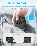 Universal Travel Adapter, International Travel Plug Adapter with 2 USB-C(GaN 65W) ＆ 1 USB-A Ports, All in One Portable Adaptor, for USA, UK, EU, AU ＆ 224+ Countries (Black) US