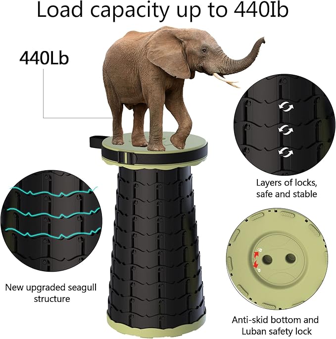 ALEVMOOM Upgraded Folding Stool with Cushion,Portable Collapsible Retractable Stool,Outdoor Chair,Yet More Sturdy Load Capacity 440lbs for Camping Garden Fishing Hiking BBQ with Carry Bag