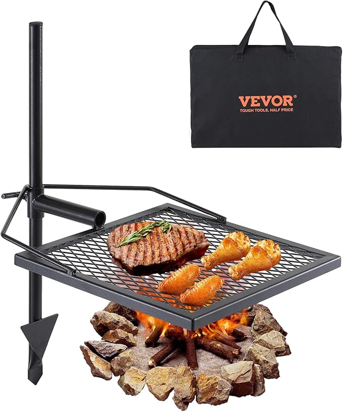 VEVOR Swivel Campfire Grill, Fire Pit Grill Grate over Fire Pits, Heavy Duty Steel Grill Grates, 360° Adjustable Open Fire Outdoor Cooking Equipment, Portable Camp Fire Racks for Camping Outdoor BBQ