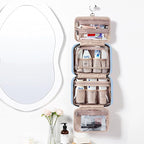 NISHEL Travel Toiletry Bag for women, Portable Hanging Organizer for Full-Sized Shampoo, Conditioner, Brushes Set, Makeup Accessories, Large Size, Placid-Blue