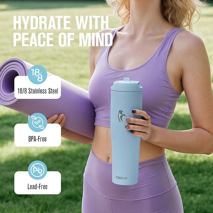 Coolflask Water Bottle 40 oz Fits Car Cup Holder, Slim Tumbler Stainless Steel with Straw & Handle, Vacuum Flask Leakproof Wide Mouth for Travel Sports Gym, Blue