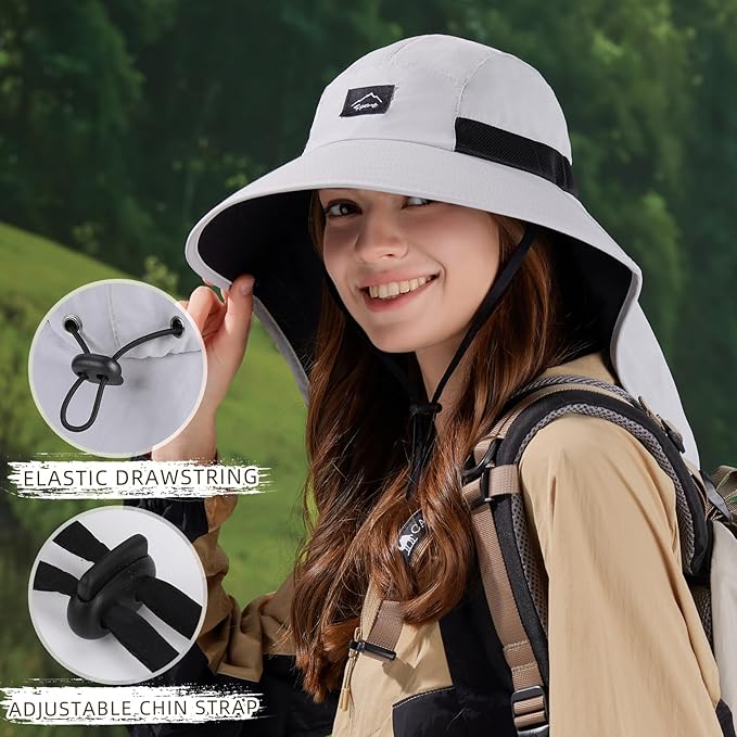 Rosoz Outdoor Sun Hat for Men Women, UPF50+ Protection Safari Cap Wide Brim Mesh Fishing Hat with Neck Flap Beach Garden