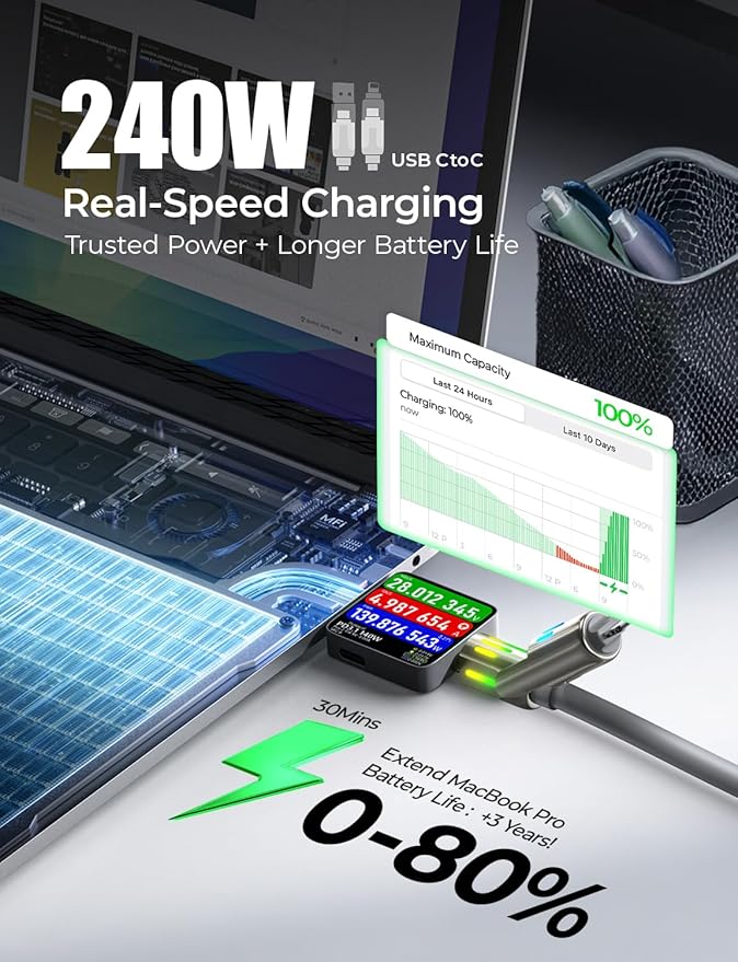 LISEN Chubby 4 in 1 Charging Cable (6.6FT) with Light, 240W Fast Charging Cable, USB A/C to C/Lightning Multi Charging Cable for iPhone 16 15 14 13 12 Pro Max, MacBook, iPad, Samsung, Black