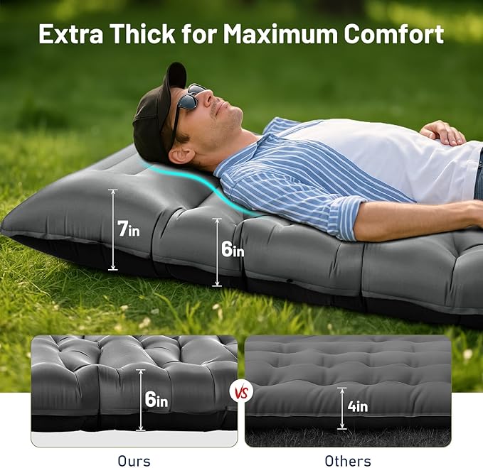 KASBAH Camping Sleeping Pad,6 inch Thick Inflatable Camping Mattress with Built-in Foot Pump and Pillow,Ultralight Sleeping Mat Backpacking Gear for Outdoor Hiking,Camping, Traveling and Tent