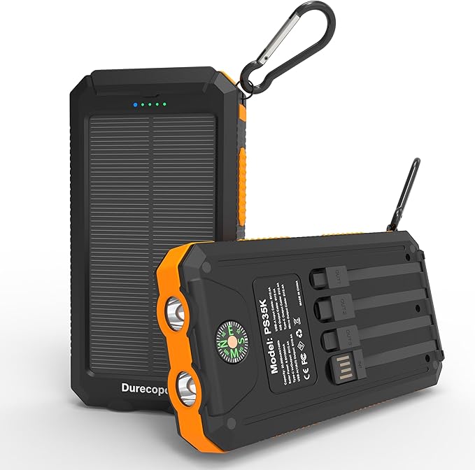 Solar Charger Power Bank 20,000mAh, Portable Charger, 4 Cables 3 Ports Fast Charging External Battery Pack with USB C for Cell Phones, Solar Panel Charger with Dual Flashlight for Camping