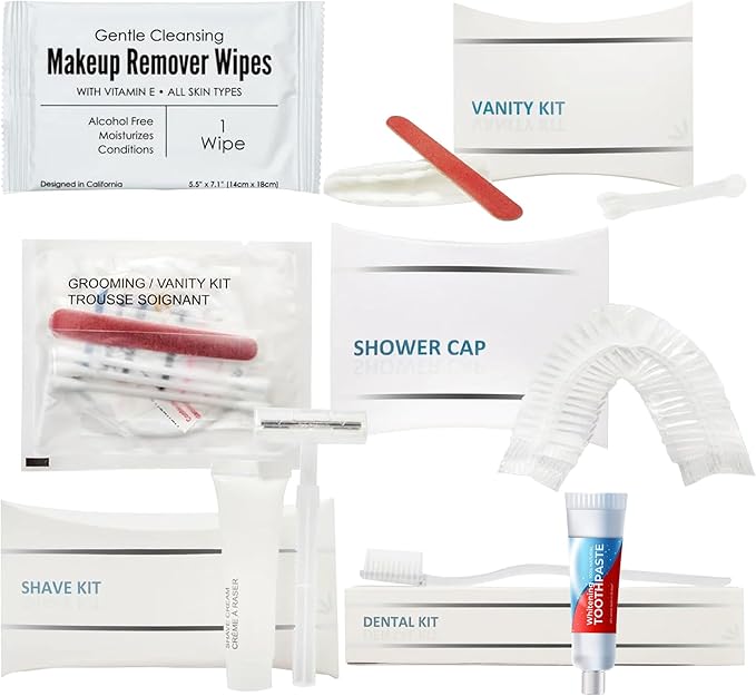 World Amenities Luxury Necessities Mini Travel Size Toiletries Kit | Contains Razor, Shave Cream, Waterproof Shower Cap, Toothbrush, Toothpaste, Sewing Kit, Grooming Vanity Kit | All-in-One