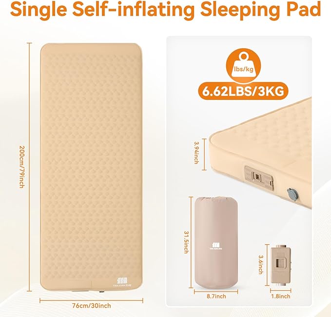 Self Inflating Sleeping Pad with Electric Pump, 4" Ultra-Thick Memory Foam Single Sleeping Mats, Easy Inflate& Deflate, 9.5 R-Value Insulated Camping Mattress Pad for Camping, Travel (Khaki)
