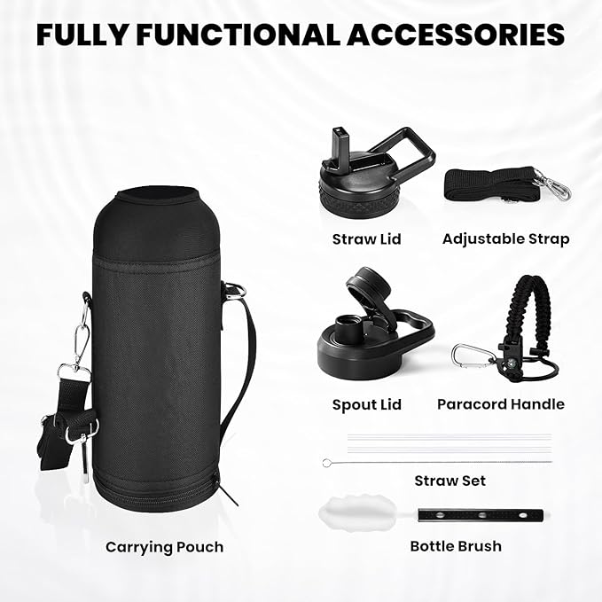 Insulated Water Bottle 40 oz, Triple Wall Vacuum Stainless Steel (Cold for 48 Hrs), Leak Proof & Non-BPA, Modern Water Flask Jug with Paracord Handle & Straw Spout Lids, Magic Black