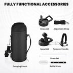 Insulated Water Bottle 40 oz, Triple Wall Vacuum Stainless Steel (Cold for 48 Hrs), Leak Proof & Non-BPA, Modern Water Flask Jug with Paracord Handle & Straw Spout Lids, Magic Black