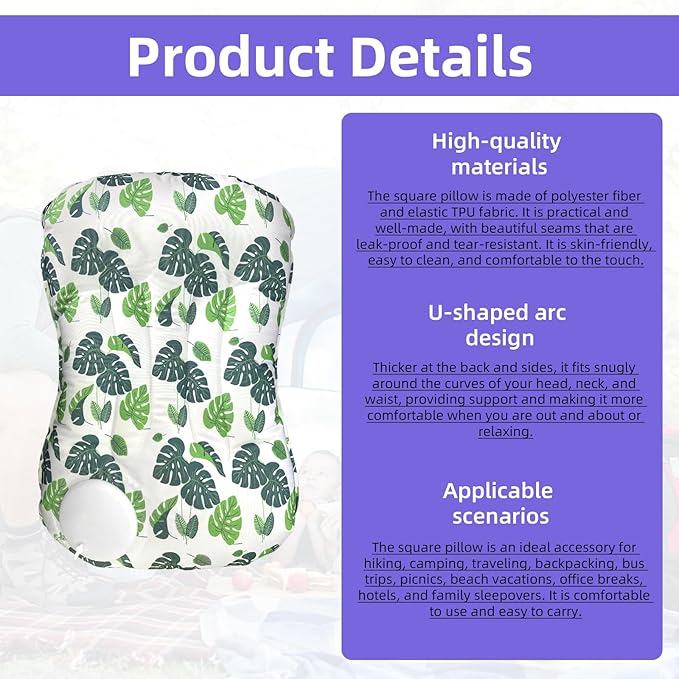3 Pcs Inflatable Camping Travel Pillow Botanical Ferns Leafy Summer Style U-Pillow and Square Pillow with Eye maskfor Neck Lumbar Support Camp Hiking Sleeping