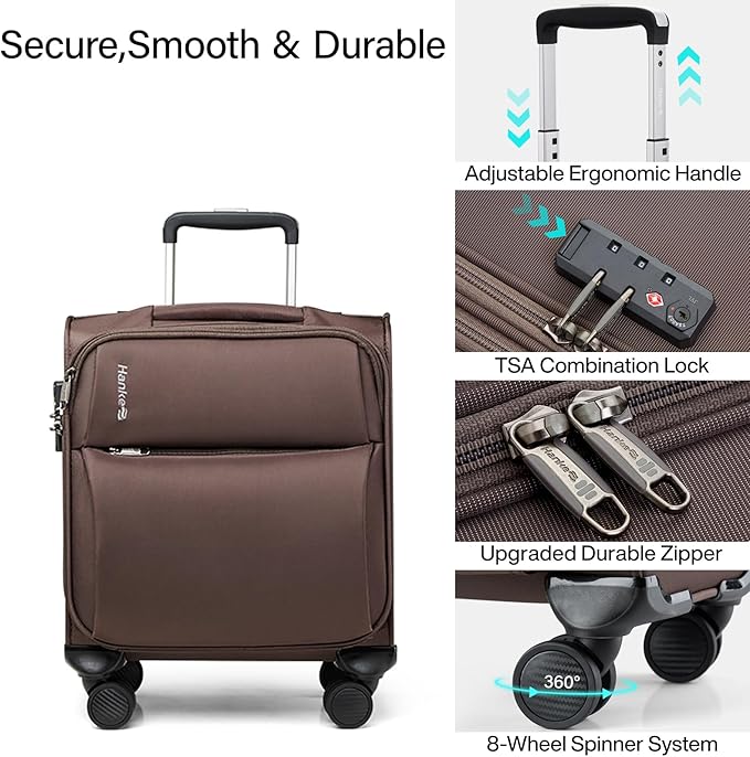 Hanke 16 Inch Underseat Carry On Luggage with Spinner Wheels for Airline, Small Softside TSA Approved Luggage Lightweight Rolling Suitcases Under Seat Travel Carry-On Bag(Coffee)