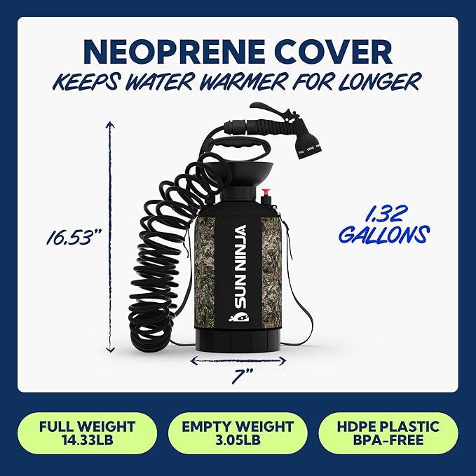 SUN NINJA Portable Shower, Camping Shower with 7 Mode Shower Head, Neoprene Cover Helps Keep Water Warm, High Pressure Hose, Easy to Carry