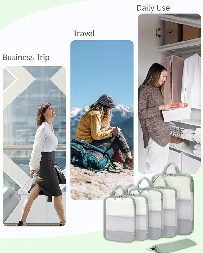 ECOHUB 6 Set Compression Packing Cubes, Lightweight Vacation Travel Essentials, Durable Travel Accessories for Suitcase Carry On Luggage Organizer Bags Set with YKK Zippers Shoe Bag, Green