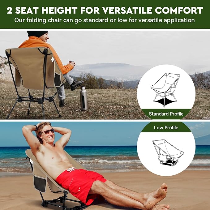 Lightweight Camping Chair, Portable Folding Chair for Camp, Backpacking, Beach, Hiking, Outdoors, Picnics, Khaki