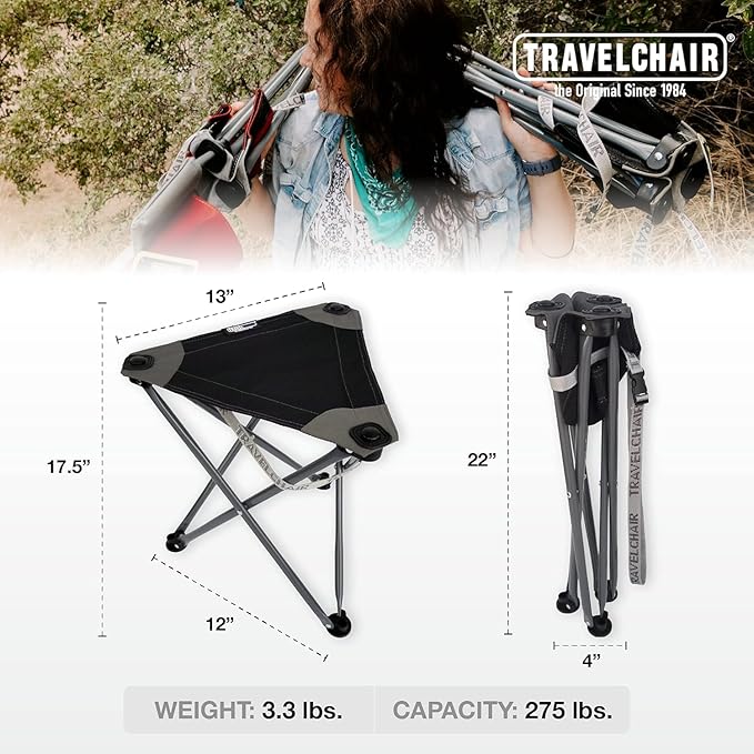 Travel Chair Big Slacker Stool, Portable Tripod Chair for Outdoor Adventures, Quick Folding Fishing Camping Travel Stool, Black & Gray
