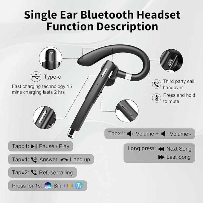 Bluetooth Headset, 100Hrs Talk Time Dual Noise Cancellation Wireless Earpiece, V5.4 Built-in Mic & Mute Button 270° Rotatable Hands Free Headphones with 500mAh Charging Case for Business/Driving