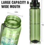 OLDLEY Water Bottle 32oz, Durable and Leakproof Water Bottles Motivational with Time Marker, Tritan, BPA Free, Wide Mouth, Gym, Travel, Home, School, Office, Olive (1 Bottle)
