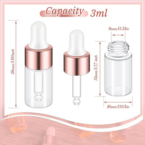 100 Pcs Mini Glass Oil Dropper Bottle Bulk, Clear Essential Small Empty Bottles Sample Containers Perfume Liquid Vials with Cap for Traveling (3 ml,Rose Gold)