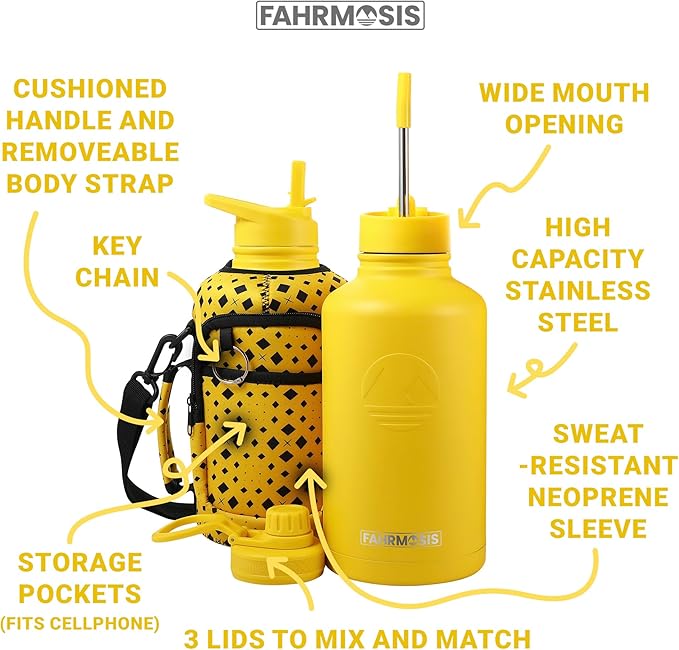 64 Oz Insulated Water Bottle with Strap Stainless Steel Sports Water Bottle with 3 Lids (Straw, Chug and Flip Lid) Leak Proof Metal Half Gallon Jug for Men & Women - Yellow