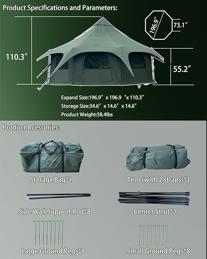 Cotton Canvas Tent Bell - Yurts Breathable and Windproof,Glamping for 6/8/10Person Family Camping