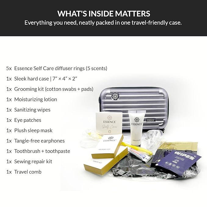 Essence Travel Amenity Kit | Travel Essentials & Travel Size Toiletries Kit | 5-Pack Nasal Diffuser Rings, Sleep Mask, Lotion & Hygiene Kit | Travel Toiletry Kit for Women | Purple Case