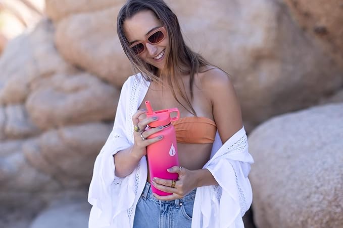 HYDRO CELL Stainless Steel Insulated Water Bottle with Straw - For Cold & Hot Drinks - Metal Vacuum Flask with Screw Cap and Modern Leakproof Sport Thermos for Adults (Coral/Punch 32oz)