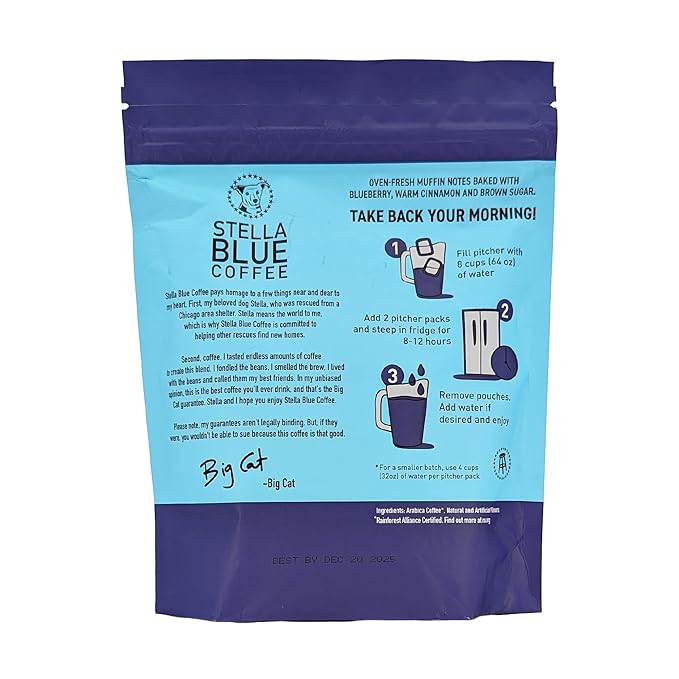 Stella Blue Cold Brew Coffee Packets, Blueberry Muffin, Medium Roast Ground Coffee, Blueberry, Warm Cinnamon and Brown Sugar Notes, 100% Arabica, 6 Brew Packets, Makes 24 Bold Cups