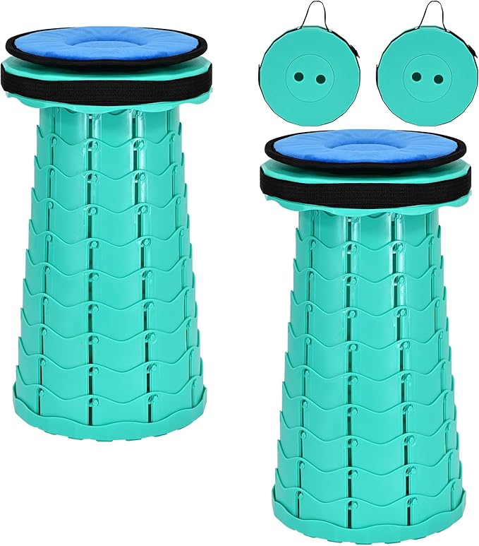 2 Pack Upgraded Collapsible Stool Folding Stool with Cushion,Retractable Folding Stool Max Load Capacity 400lbs, Portable Telescoping Stools for Camping Hiking Outdoor BBQ -Mint Green