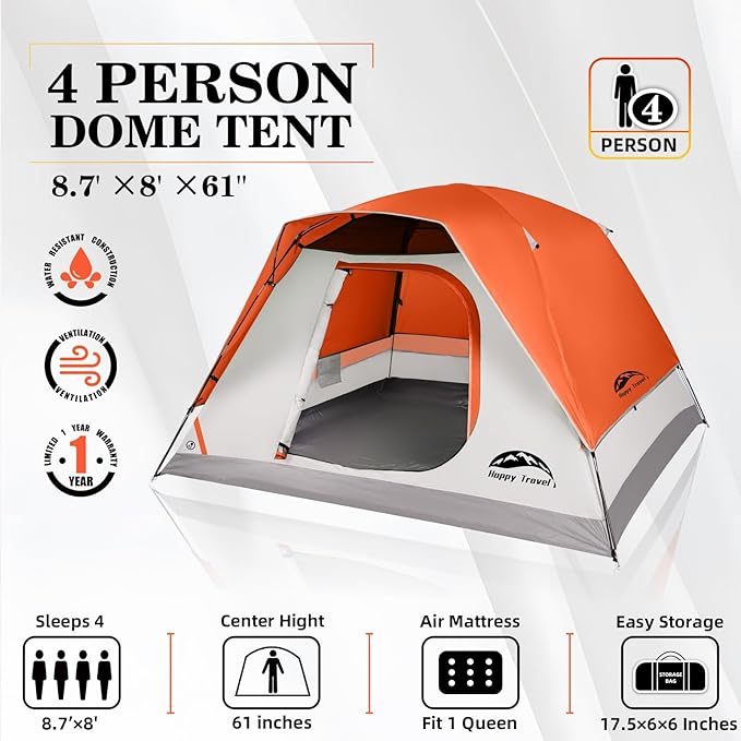 Happy Travel Camping Tent, 4/6 Person Dome Tents for Camping with Rainfly, Waterproof Clip Easy Setup Portable Family Tent with Mesh Windows, 20% More Headroom Backpacking Tents for Camping & Hiking