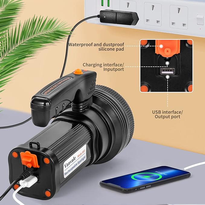 Rechargeable Searchlight Handheld LED Tactical Flashlight with Handle Spotlight High-Power Super Bright Torch with USB Output Torch (Black)