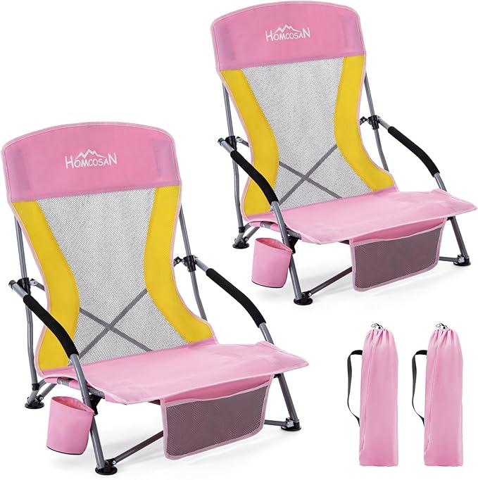 Homcosan Portable Low Folding Beach Chairs Set of 2 - Lightweight Camping Chairs for Adults with Cup Holder & Storage Pockets, Carry Bag Included (Pink & Yellow)