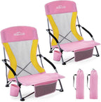 Homcosan Portable Low Folding Beach Chairs Set of 2 - Lightweight Camping Chairs for Adults with Cup Holder & Storage Pockets, Carry Bag Included (Pink & Yellow)