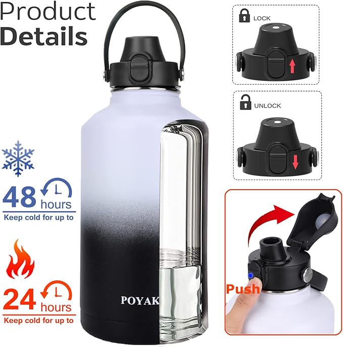 Water Bottle Insulated 32oz 40oz 64oz 128oz Straw Lid Spout Lid & 3 Lids, Leak Proof, Vacuum Insulated,Stainless Steel Water Bottle Wide Mouth for Sports, Gym or Office