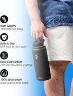 Coolflask 32 oz Water Bottle with Strap, Insulated Metal Water Flask with Straw & Spout Lids, Stainless Steel Double Wall Vacuum, Keep Cold 48h Hot 24h, Leak Proof & Non-BPA, Magic Black