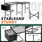 Folding Table with Sink and Double Shelf, Camping Table Height Adjustable Folding Grill Table, Portable Outdoor Table for Picnic,Camping,BBQ,Beach,69 x20 x32 Inches(Black)