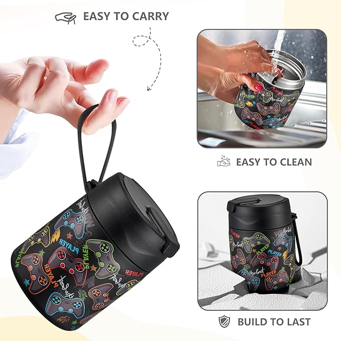 17oz Soup Thermo for Hot Food Kids Insulated Vacuum Food Jar with Stainless Steel Spoon Wide Mouth Thermo Leakproof Lunch Food Container Kids Hot Lunch Box (Black-Game)