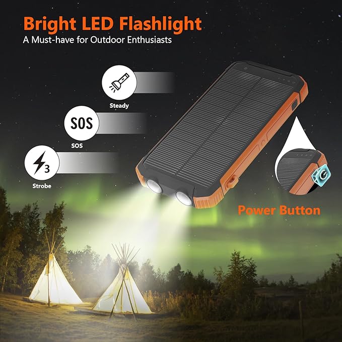 ERRBBIC Solar Charger Power Bank 20000mAh, Portable Wireless Charger, 15W Fast Charging External Battery Pack with Dual Flashlight and USB C Outputs. Outdoor Mobile Power Compatible with Cell Phones